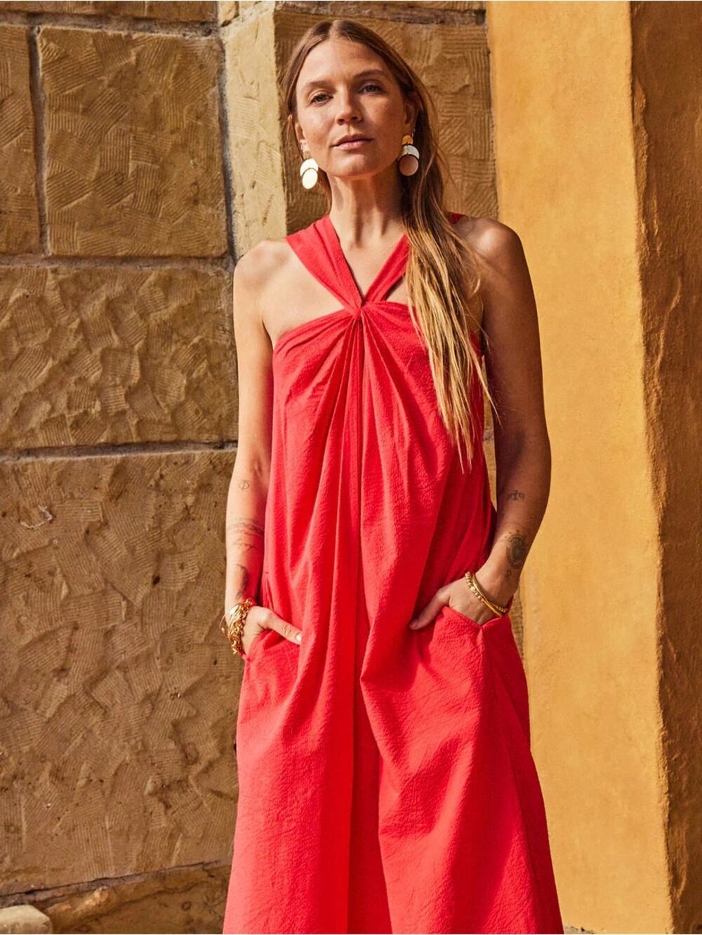 Faherty Bay Twist Seersucker Midi Dress in Red Size Small Coastal Resortwear